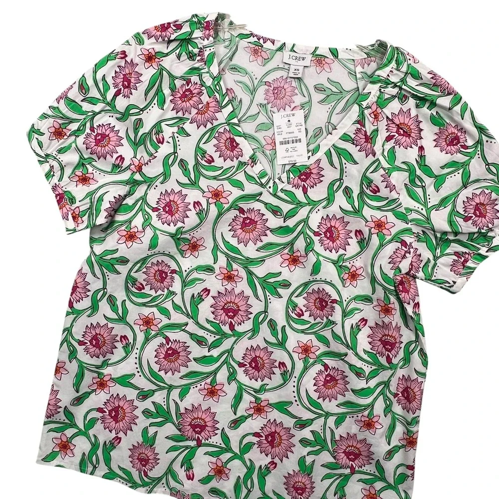 J.Crew Floral V-Neck Blouse Women XS White Pink Green Puff Sleeve CK748 NEW
